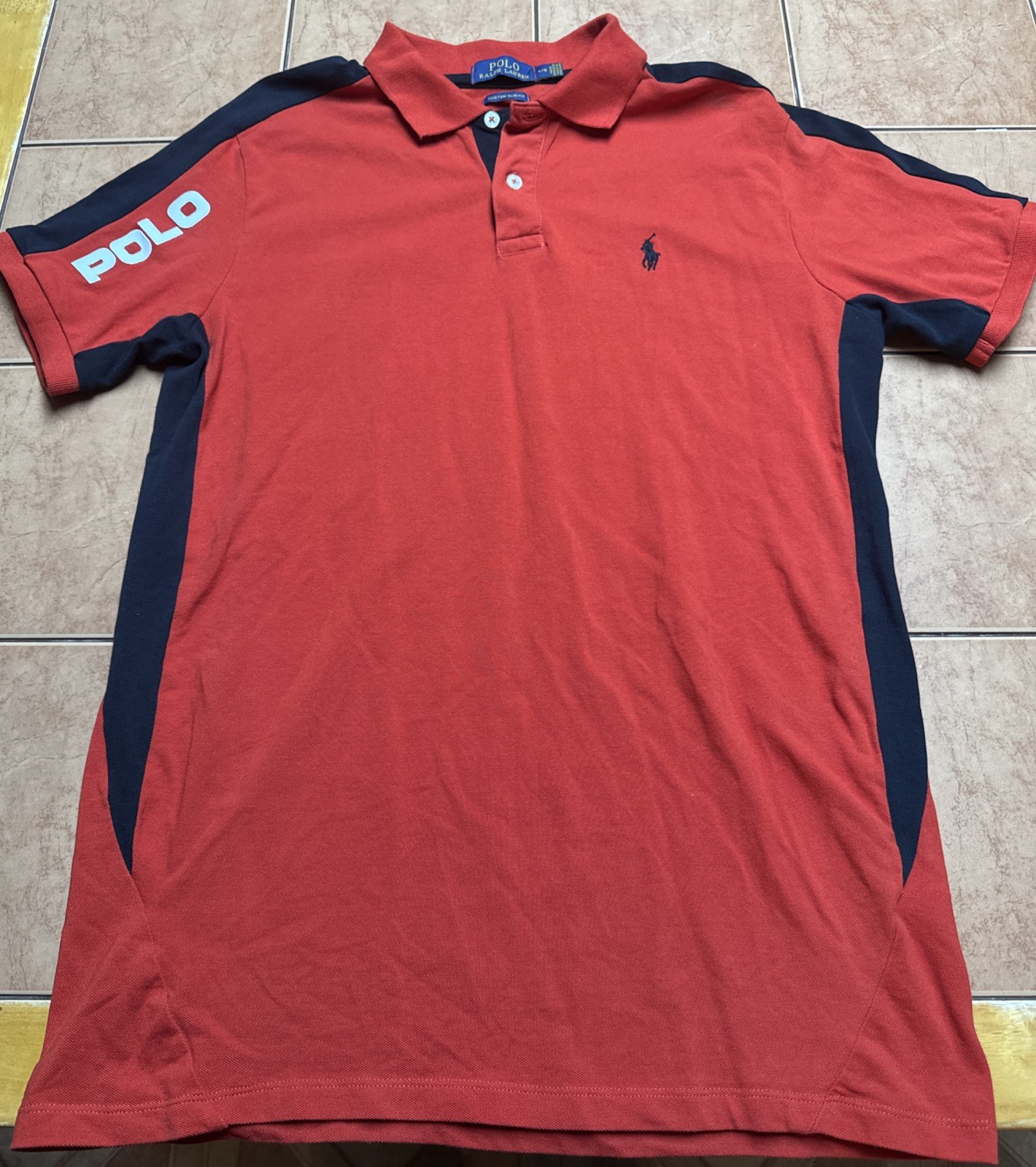 Polo Ralph Lauren Uomo Taglia Large Personalizzata Slim Fit Rosso Nero Pony Logo Camicia Rugby