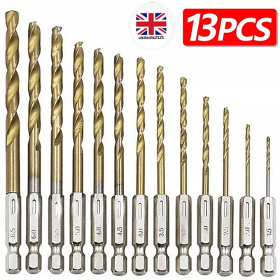 13-teiliges HSS titanbeschichtetes Bohrer-Set 1/4 Zoll Sechskantschaft 1,5-6,5 mm Bits High Speed