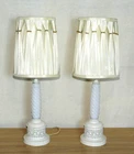 Pair of Vintage Milk Glass Twist Table Lamps Metal Base Small with Shades Rare