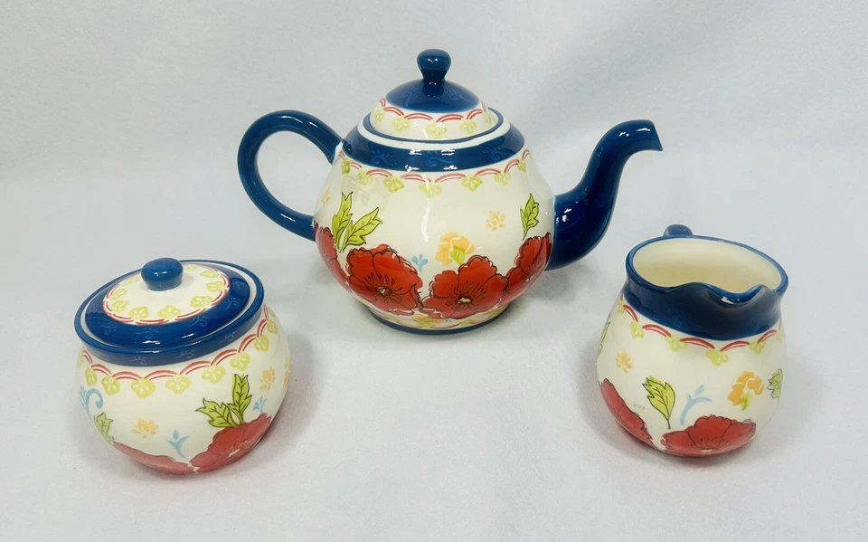 Tetera de café floral de cera holandesa Coastline Imp - roja/azul/blanca con crema y azúcar Foto 3 de 4