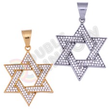 Men Stainless Steel Star of David Pendant Gold Silver CZ Jewish P109