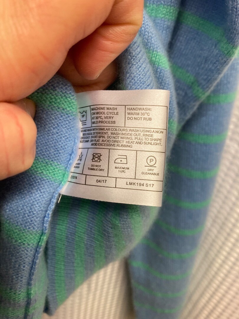 Ladies LOCHMERE 100 cashmere blue and green striped jumper UK Size M