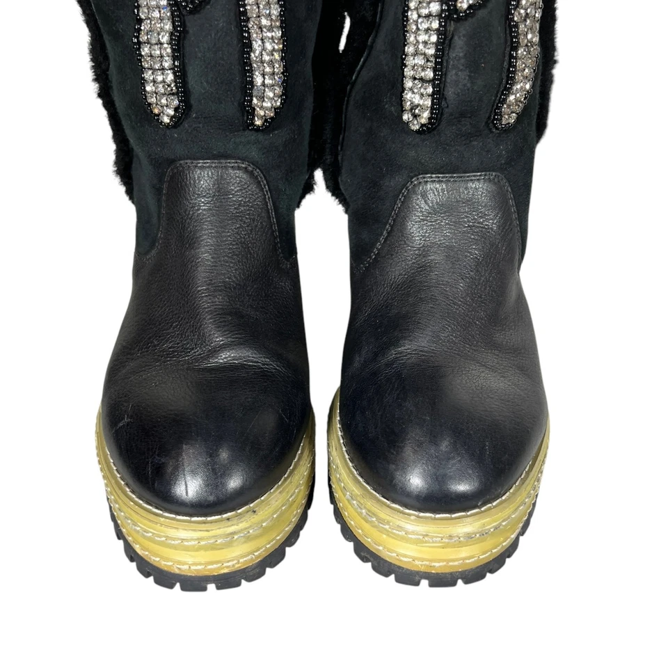 P1 Womens Black Leather Shearling Lining Lug Sole Mid Calf Boots Sz EU38 RARE - Image 4 of 4