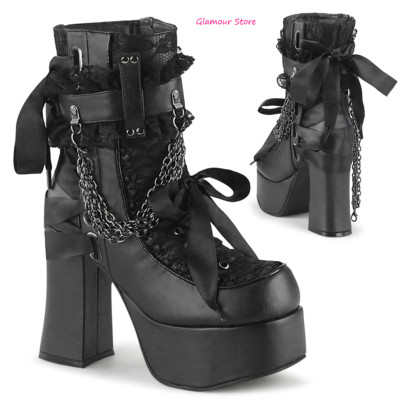 ZEPPA Heel Ankle Boots 15 36/42 Black Leather Vegan Lace Buckles Chains Zip Rock