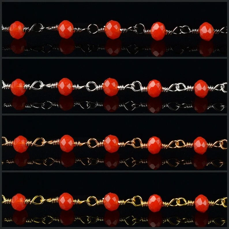 Cadena de rosario con cuentas hidráulicas de coral rojo facetado Rondelle de 3-4 mm para hacer joyas de 3 pies Foto 2 de 4