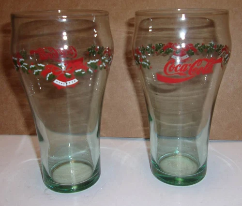 SET OF 2 VINTAGE COCA COLA / COKE CHRISTMAS GLASS / BELLS & HOLLY / GREEN TINT