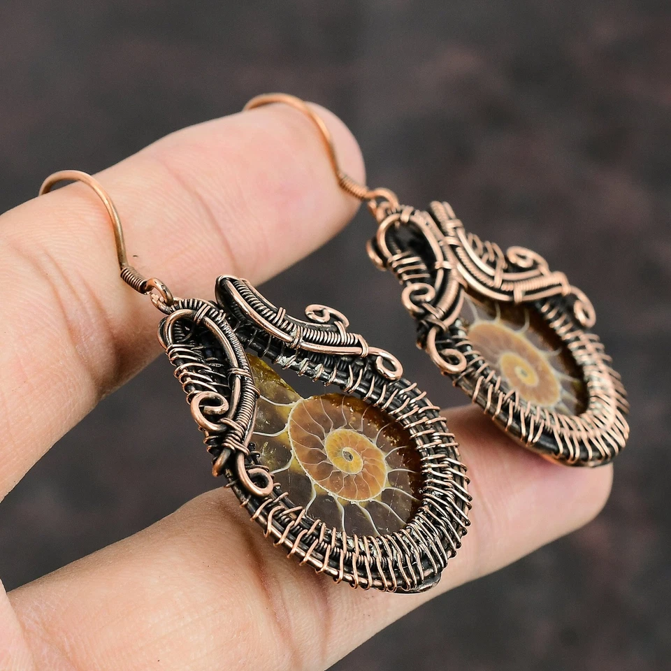 Ammonite Fossil Copper Valentine Gift Wire Wrapped Drop/Dangle Earrings 2.24" - Image 4 of 4