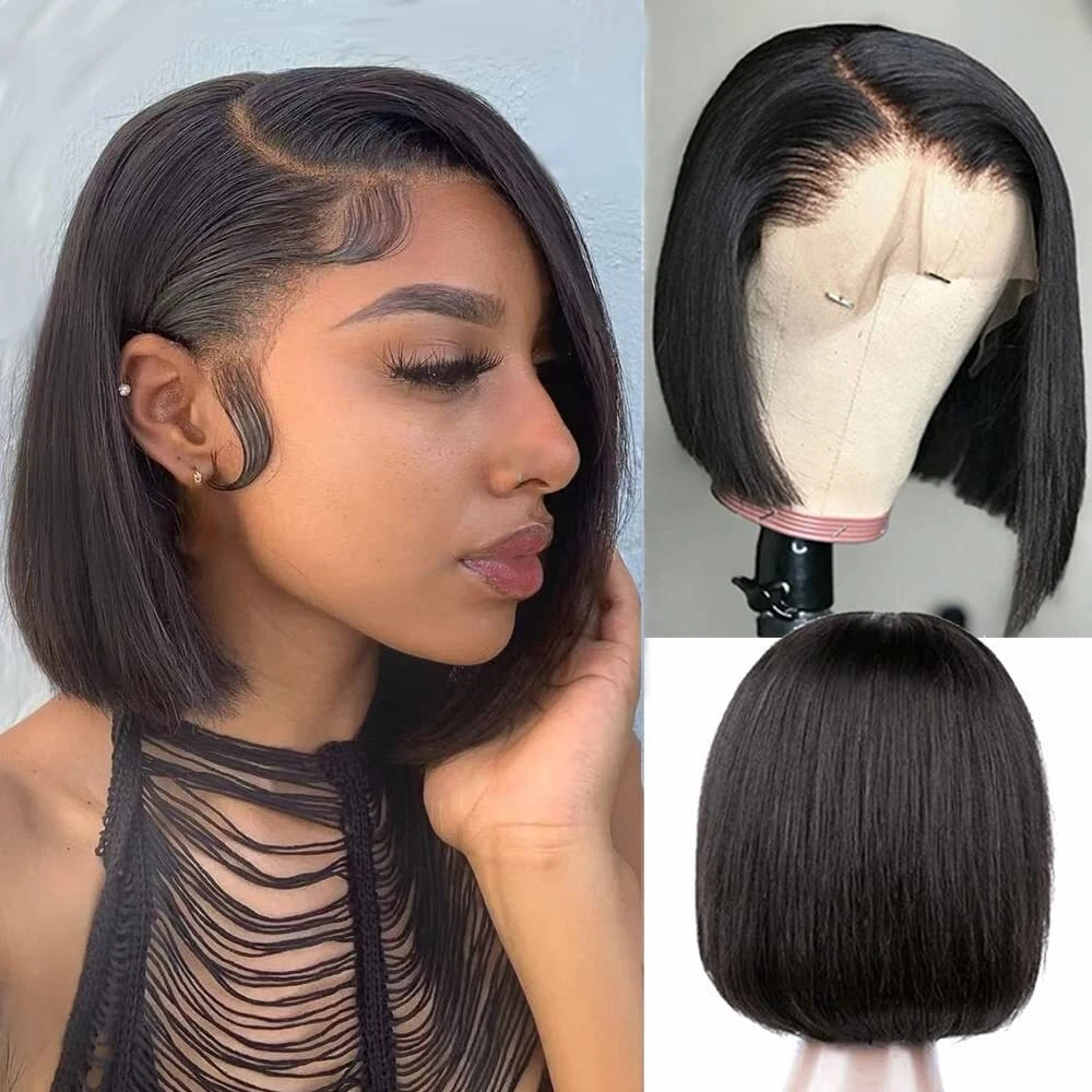 Glueless Lace Front Wig Human Hair Lace Front Wigs Straight Short Bob Wigs  Black