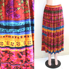 L Vintage Midi Peasant Skirt Rayon Crepe Elastic Waist Rainbow Stripe Boho Hippy