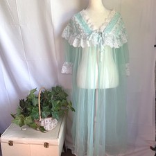Vintage Coquette Mint Green Sheer Lace Peignoir Robe Nightgown Duster USA Made L