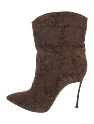 CASADEI Brown Suede Laser-Cut Floral Ankle Boots Blade Heels SZ IT 40 Good Cond.