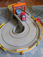 Vintage Fisher-Price Shake 'n Go Raceway Speedway Track w/ 2 Cars