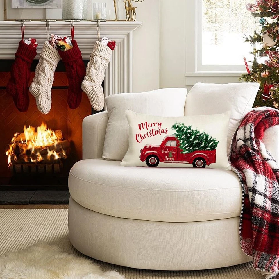 Christmas Pillow Covers Red Truck Merry Christmas Decorations Winter Decorative - Image 2 of 4