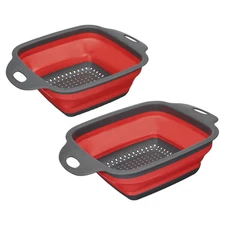 Collapsible Colander Set, 2 Size Silicone Square Foldable Strainer - Red