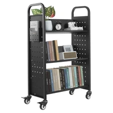 VEVOR 3-Tier Rolling Book Cart Single Sided V-Shaped Shelves Book Truck in Black