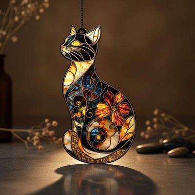 Elegant Faux Stained Glass Cat Resin Suncatcher Window Hanging, Colorful Floral