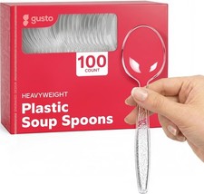 100 Pack Heavyweight Clear Plastic Soup Spoons - Elegant Disposable Utensils