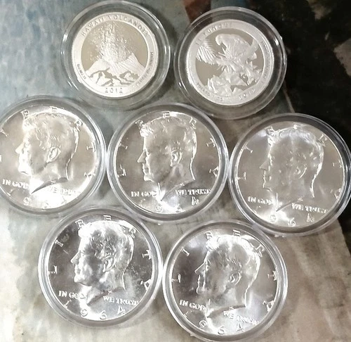 1964 Kennedy Half Dollars - 5 Ea. - 90% Silver - BU with VOLCANO & EL YUNQUE 25c