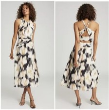 Reiss Gisele Midi Dress UK 16 Halter Smudge Print NEW Womens Twist Back