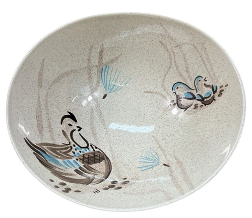 Red Wing Bob White Stoneware Serving Bowl Oval 12" x 11.5” Hand Painted Vtg MCM