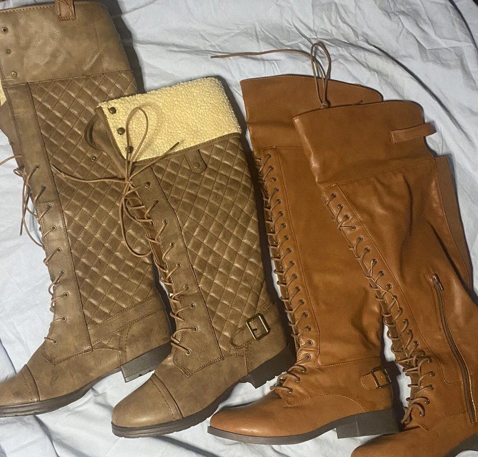 Zapato Botas Deslumbramiento Nuevo 2 Pares Talla 9 y 10 Marrón Sobre la Rodilla 1.25 y 1 Pulgada Tacón Foto 2 de 4