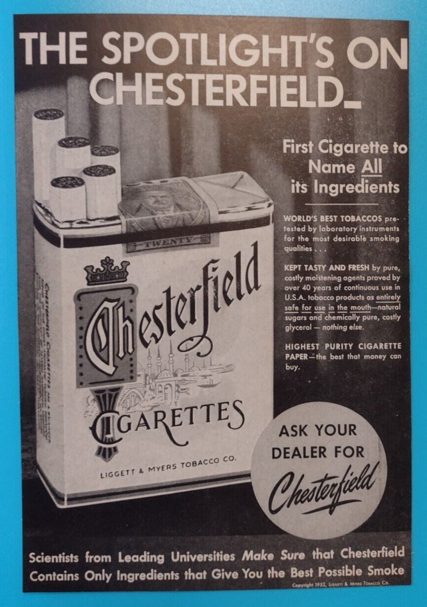 1952 Chesterfield Cigarettes Advertisement Liggett & Myers Tobacco Co