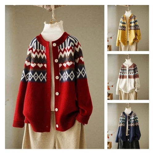 Lady Knitted Sweater Coat Jacket Tops Loose Cardigan Ethnic Knitwear Retro Warm - Bild 5 von 21