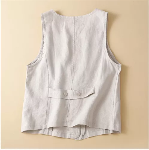 Womens Linen Blend Sleeveless Button Down Top V Neck Waistcoat Vest - Picture 5 of 24