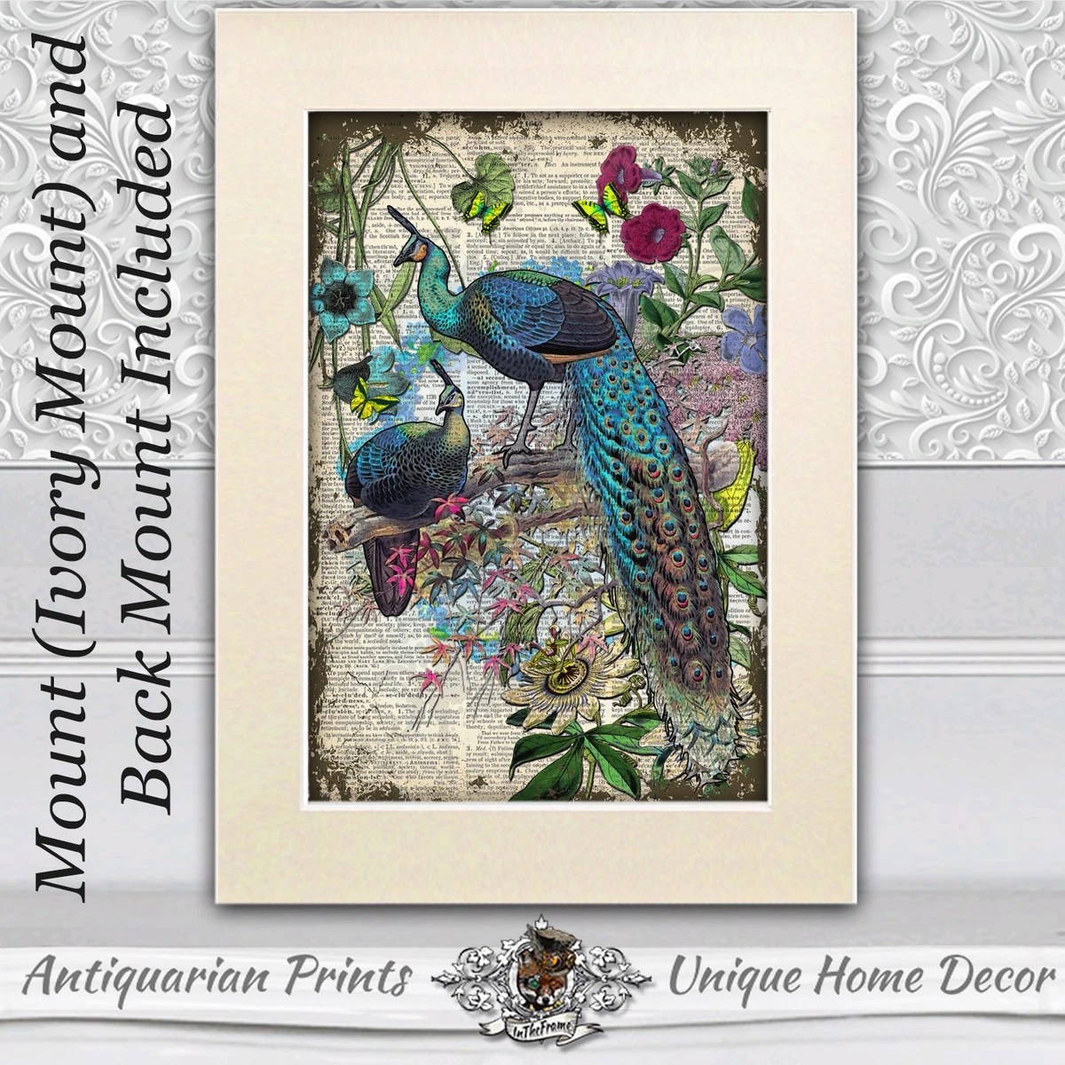 DICTIONARY ART PRINT ON ANTIQUE BOOK PAGE Peacock in Love Home Decor Picture