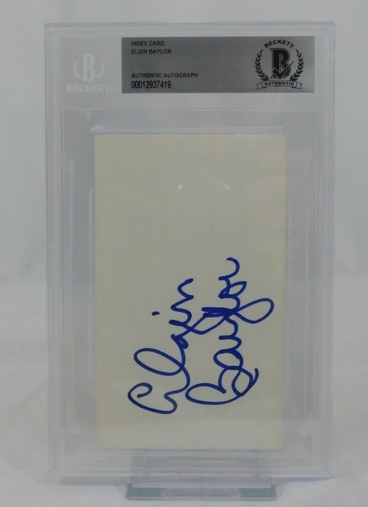 Elgin Baylor Autographed Signed Los Angeles Lakers 3x5 Index Card Beckett Encapsulated NBA Lakers Jazz Redhawks 