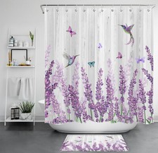 Vintage Nature Hummingbird Purple Floral Shower Curtain Bathroom Accessories Set