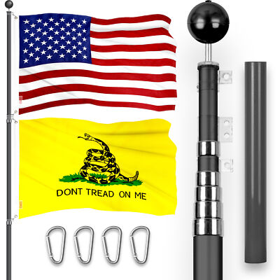20 Ft Telescoping Flagpole Black & American and Gadsden Flags Emb 300D 3x5Ft