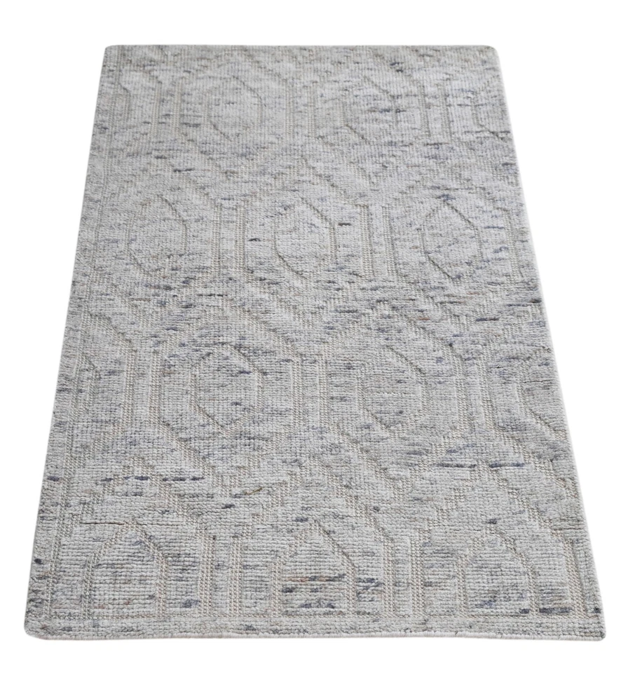 Tappeto Vintage In Lana 90x150 Moderno Fatto A Mano Argento Per Soggiorno SH185 - Immagine 2 di 4