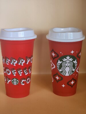 2 Starbucks Christmas Xmas Reusable RED Plastic Coffee Cup Tumbler Mug With  Lid | eBay