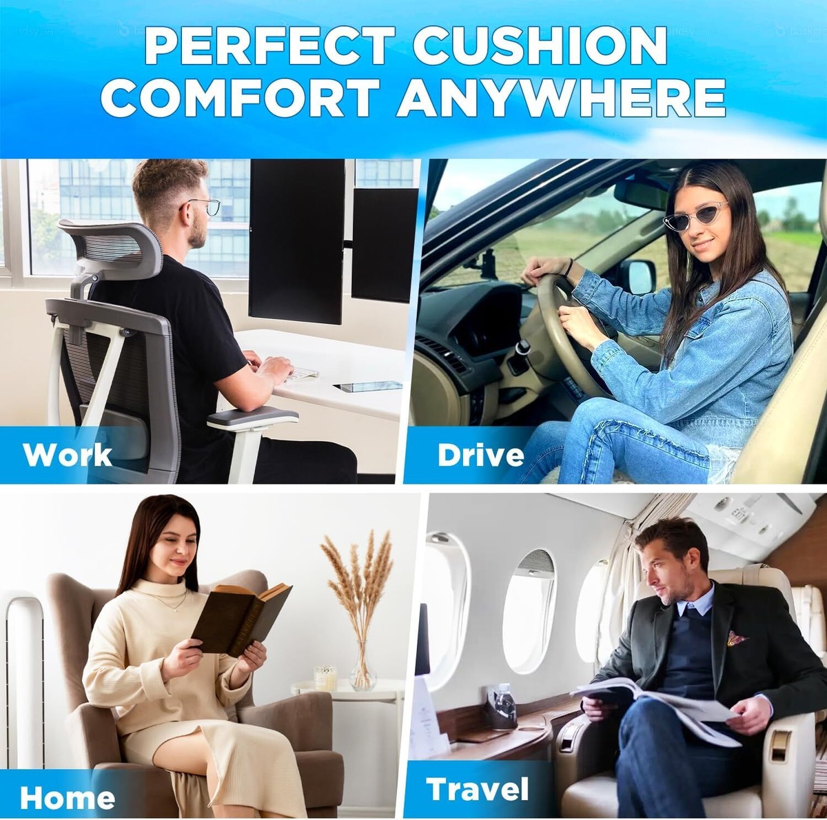 Cuscino A Cuneo In Memory Foam Per Auto E Ufficio - Traspirante, Con Fibbie, Per Schiena E Seduta, 45x33x7.6 Cm