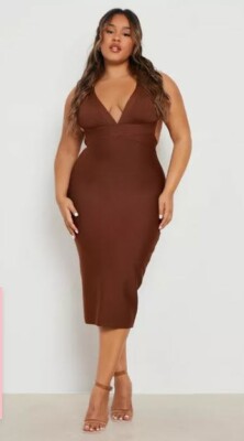 NWT BooHoo Women’s Plus 12W Brown Bandage Plunge Midi Dress
