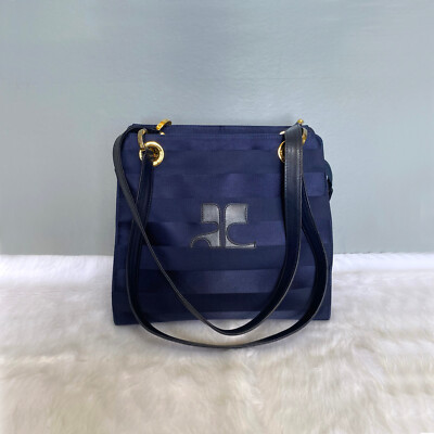 COURREGES Vintage Navy Blue Striped Nylon Shoulder Bag 