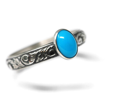 Oval Arizona Turquoise Ring Vine Pattern 925 Sterling Silver N-S