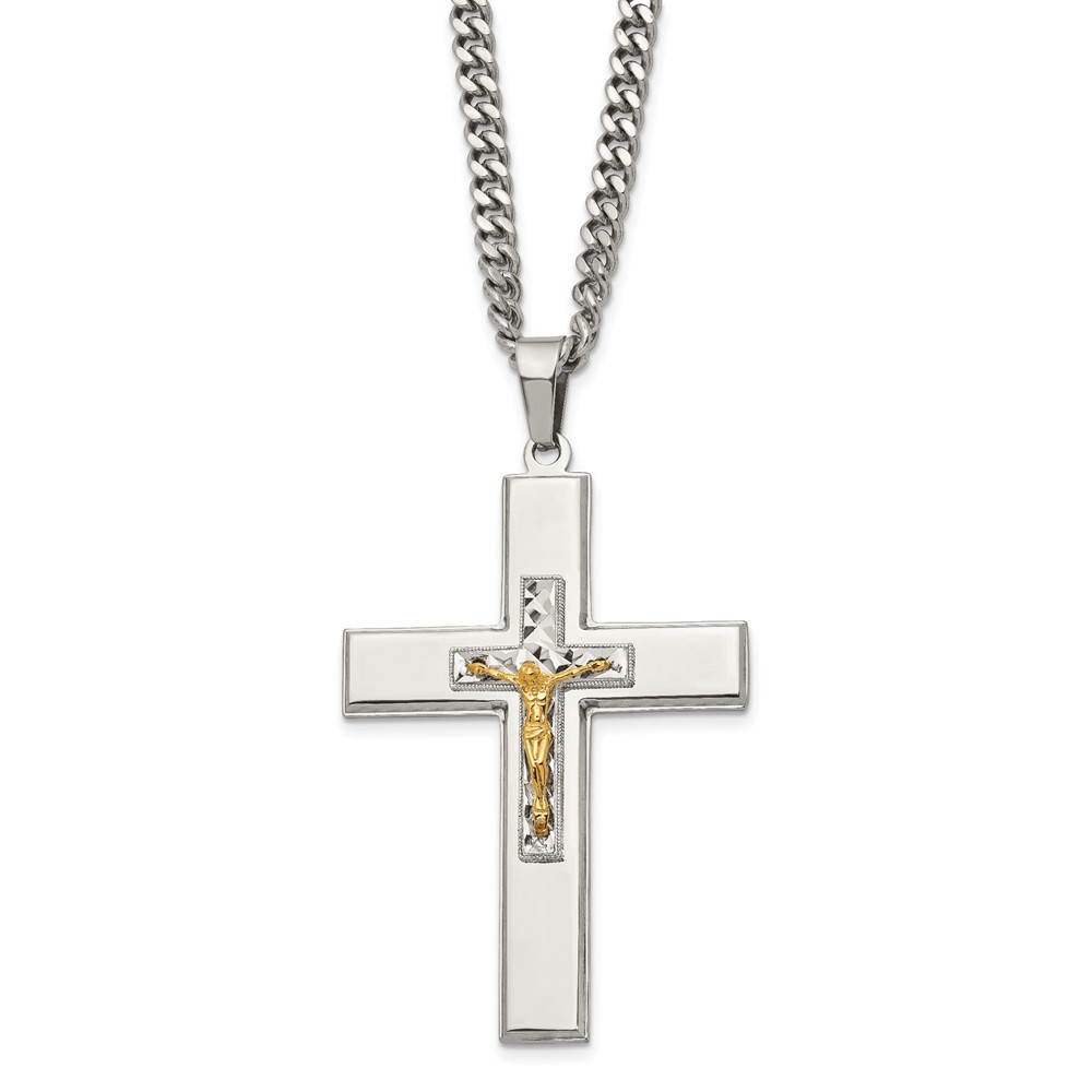 Stainless Steel Yellow IP Crucifix Pendant Curb Chain Necklace 24 Inch