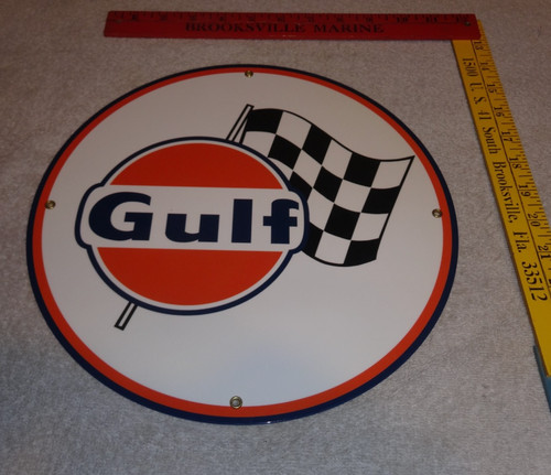 VINTAGE GULF RACING FLAG 12" PORCELAIN METAL GASOLINE & OIL SERVICE STATION SIGN