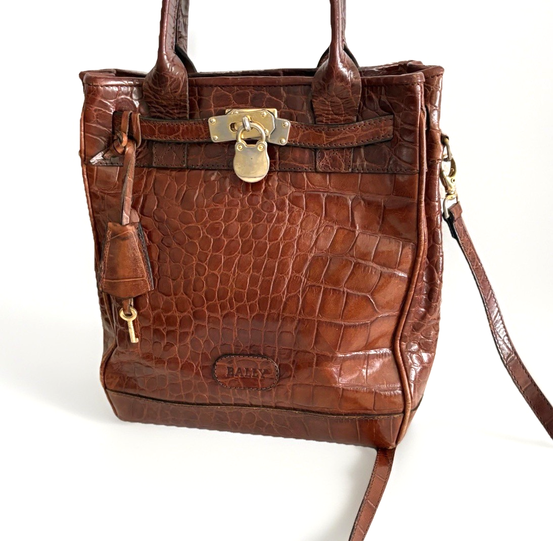 Authentic Bally Hand Bag Embossed  Leather Brown From JAPAN0878