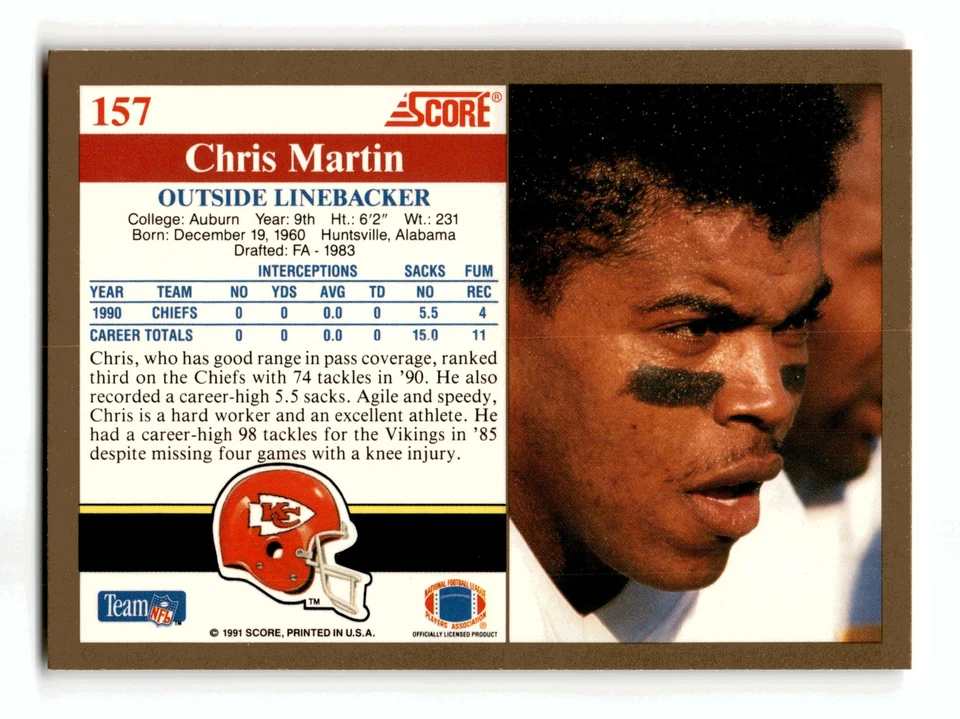 Chris Martin 1991 Score #157 Kansas City Chiefs Centered Mint to Gem - Image 2 of 2