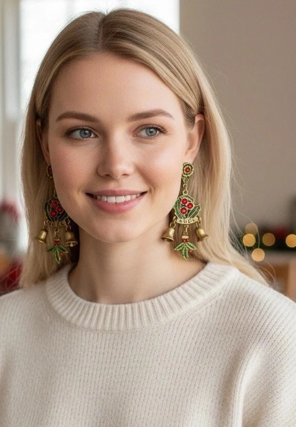 Brincos Chico’s Christmas Noel Holly Bell folha vintage cz declaração ouro boho baga - Imagem 3 de 4