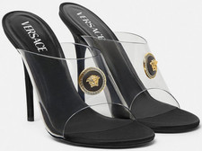 NIB Versace Alia Vagabond Medusa Tribute Logo Clear PVC Black Mule Pump 38 $1395