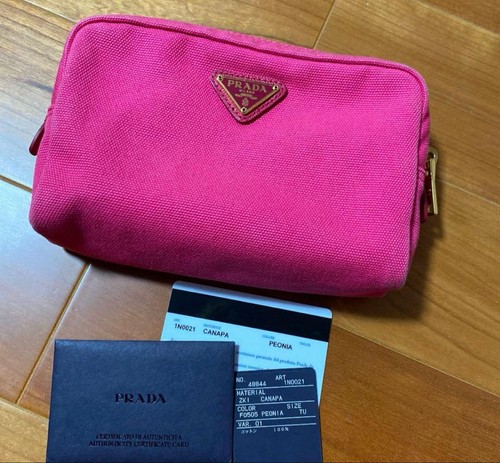 PRADA Canapa Canvas Cosmetic Pouch Triangle Logo Pink Zip Closure Italy Auth