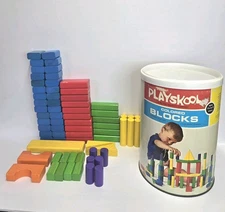 Vtg 1970's Playskool Colored Wood Block Set #645 with Can/Storage Bin. 69 Pieces