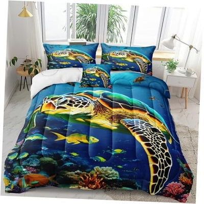 #ad Ocean Turtle Comforter Set 4 Pcs Mediterranean Style Themed King Blue 06 $35.70
