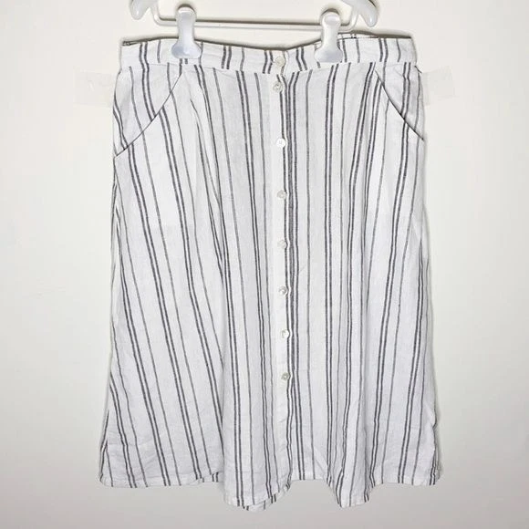 Ryllace linen striped midi skirt with button tab size 16