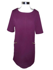 RONNI NICOLE Size 12 Shift Dress Burgundy Gold Zippers Short Sleeve Stretch