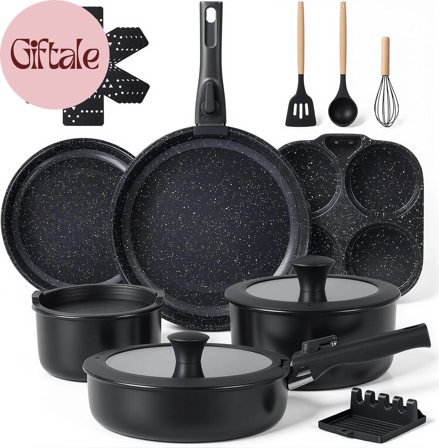 21-Piece Ceramic Pots and Pans Set Non Stick with Detachable Handles and Egg Fry